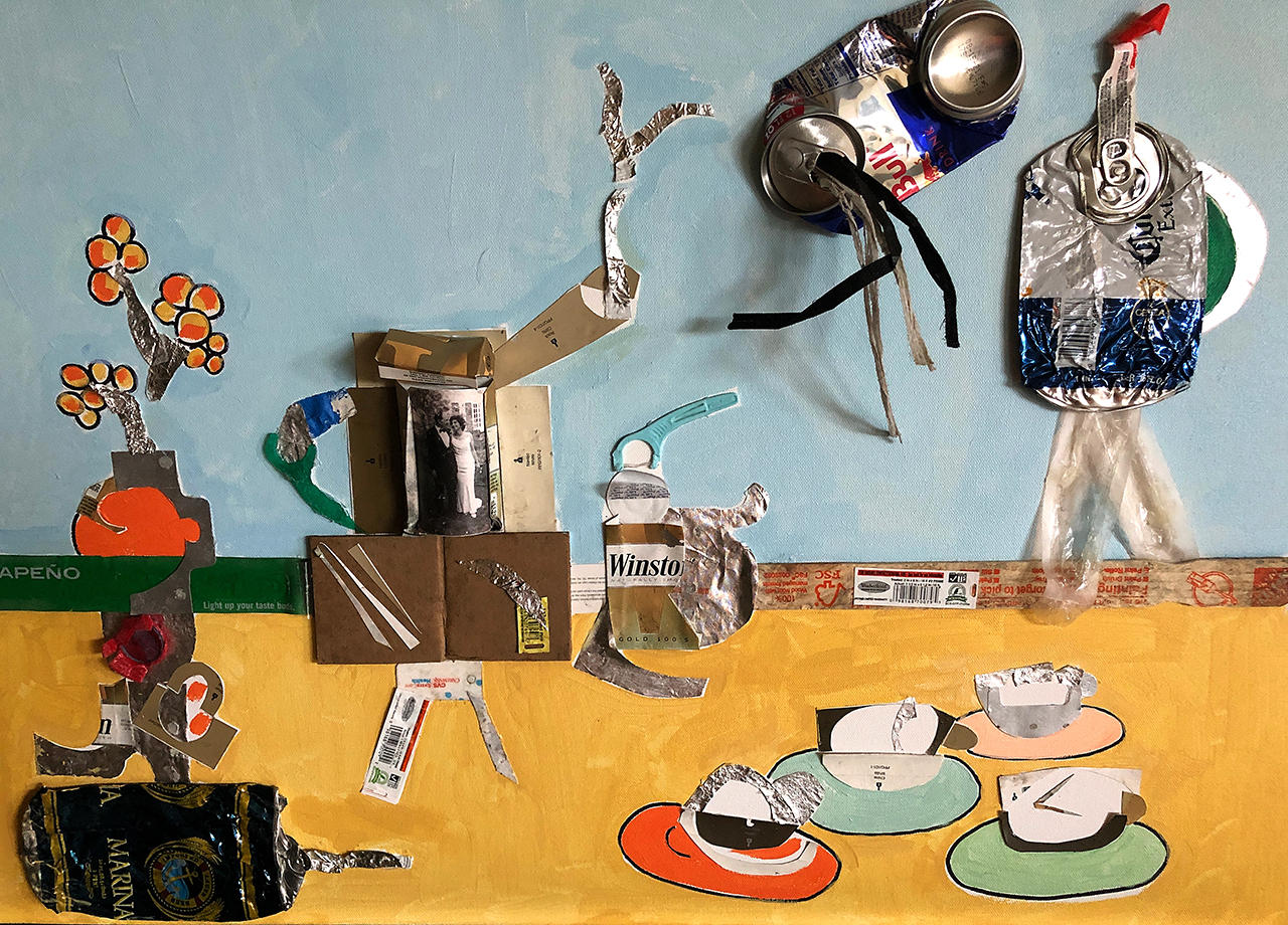Tea Time
Collected from the parking lot at Home 
Depot, PB Gardens
30"x 24" : Florida Collages : ART UNDERFOOT :: CAROL BASTIEN