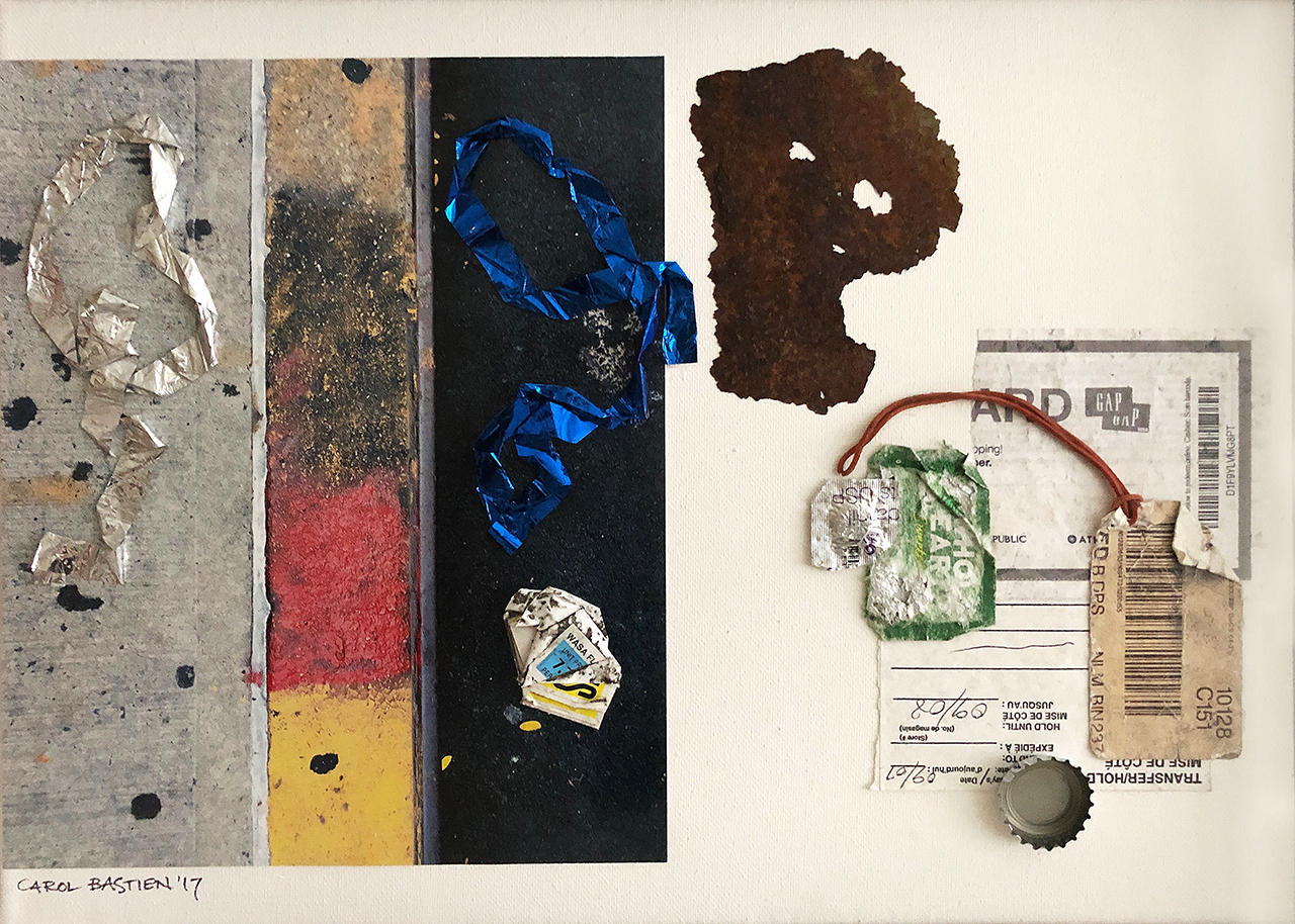 Waiting at The Post 
Office
Collected outside the 
USPS, 85th between 3rd & 2nd Avenues
17 1/2" x 13 1/4" : New York City Collages : ART UNDERFOOT :: CAROL BASTIEN