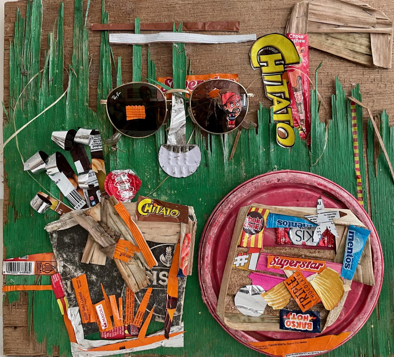 Offerings collected from a construction site in Ubud, Bali
14 1/4" w x 13 1/2" h : Bali Collages : ART UNDERFOOT :: CAROL BASTIEN