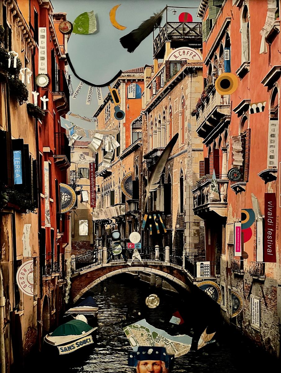 Venice Canal. Site Specific Found Object collage an photograph
25 1/4' w x 33 1/2"h
2023 : Italy : ART UNDERFOOT :: CAROL BASTIEN